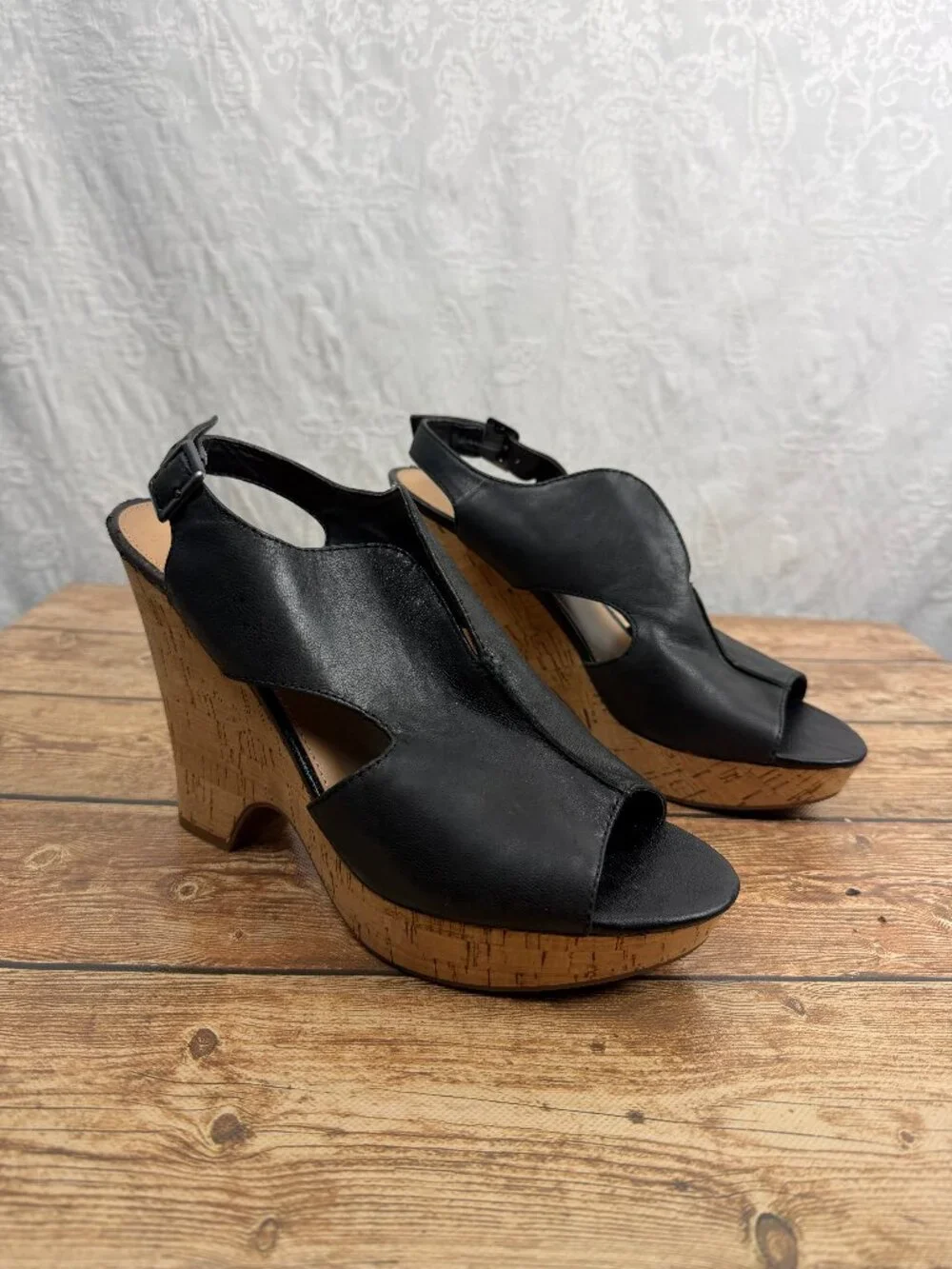 Franco Sarto Women’s Black Leather Peep Toe Cork Wedge Sandals Ankle Strap 10